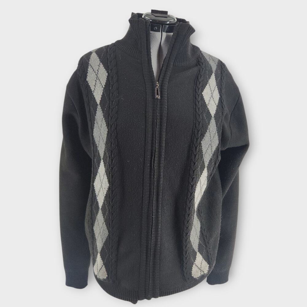 True Rock Cardigan Sweater Men's XL Full Zip Knit Argyle Design Elbow Patches